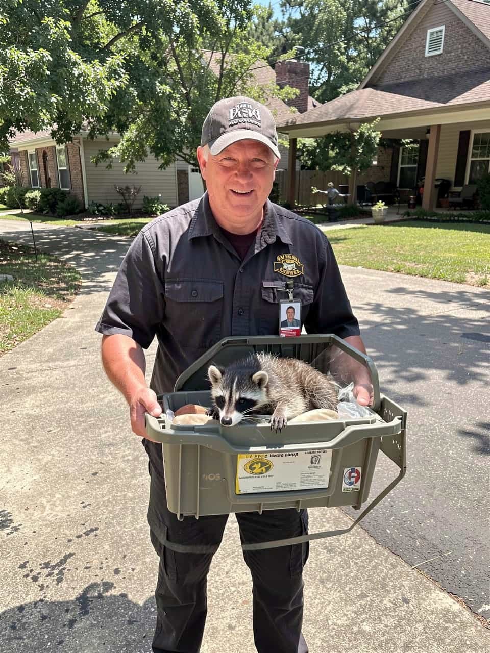 Wildlife control technician carrying a humane raccoon transport container in front of a residential home