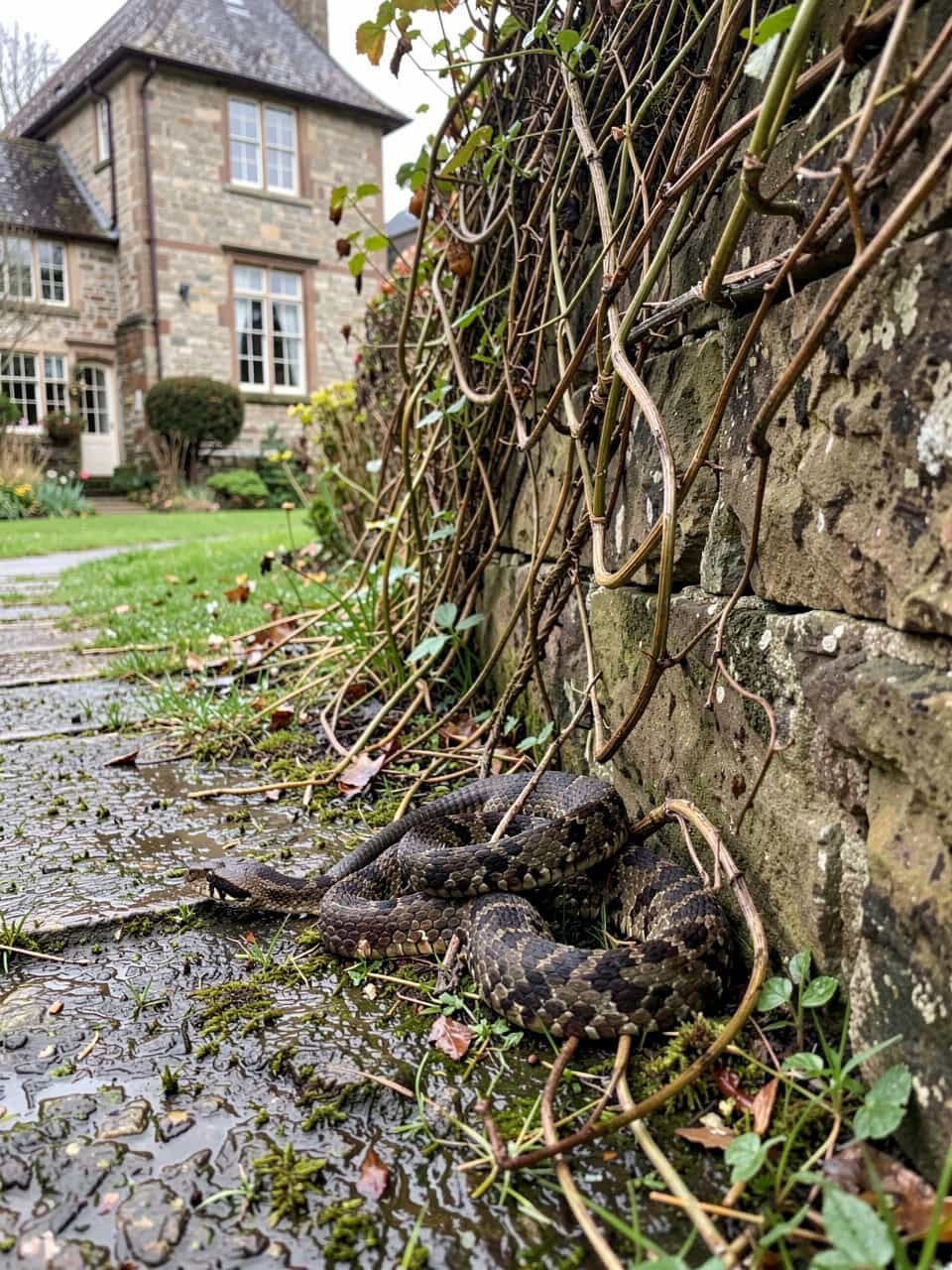 Snake near a yard perimeter and foundation-adjacent shelter zone