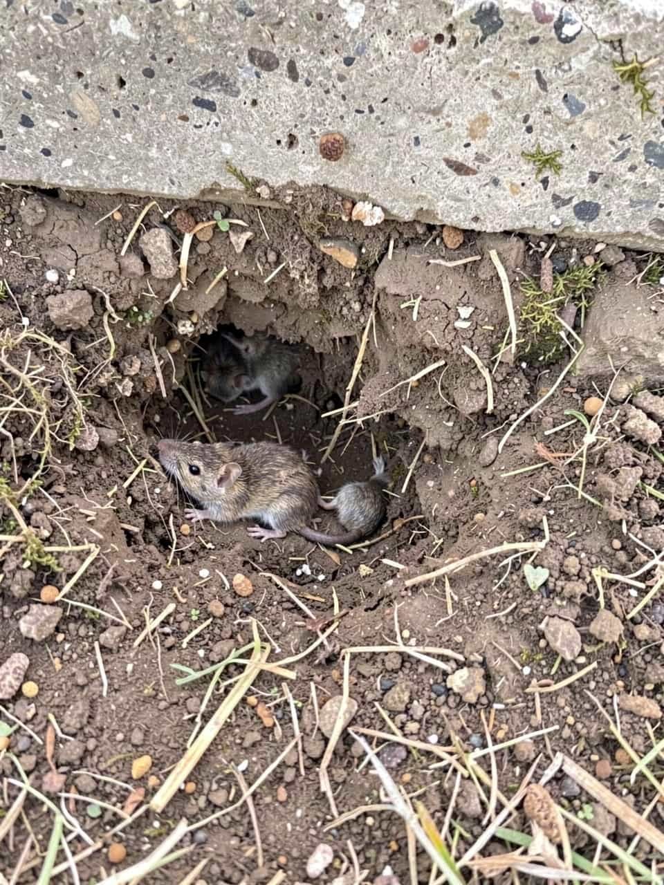 Yard edge and ground area affected by burrowing wildlife activity